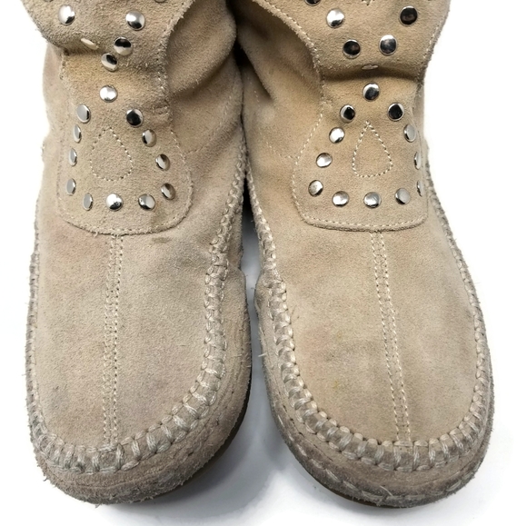 Steve Madden Tall Suede Studded Fringed Moccasin Boots Size 7 Tan - Picture 10 of 11